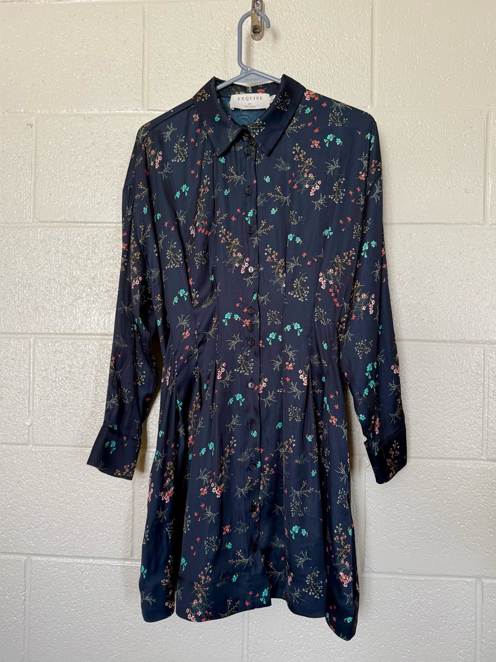 Exquise Tobie Satin Black Flower Shirt Dress Sz M Anthropologie NWOT